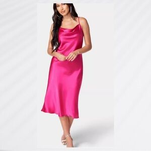 Bebe Satin Midi Slip Dress Women's Sz L Fuschia Cowl Neck Adjustable Straps
